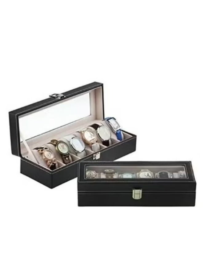 صندوق تخزين ساعات اليد بستة فتحات، بسعة كبيرة، مصنوع من الجلد المقاوم للغبار والخدوش، وهو قابل للحمل (أسود). - Image 5